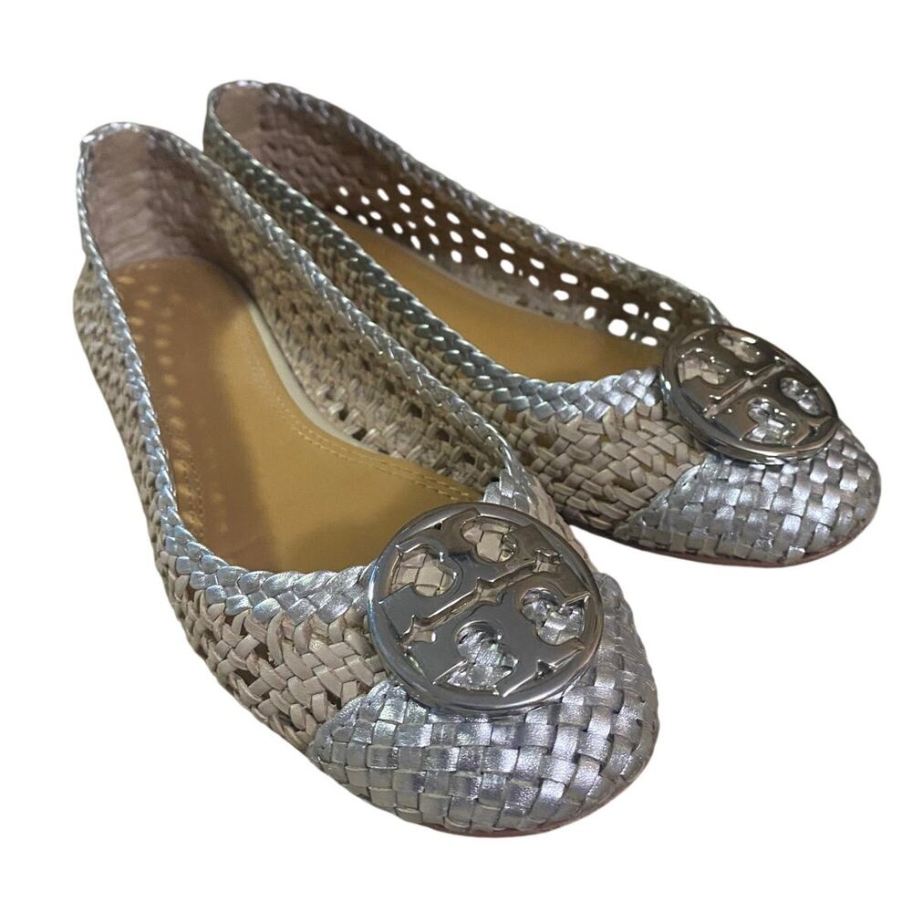 Tory Burch Reva Scrunch Woven Leather Ballet Flats Gold Silver 7M 7.5 8 *READ*